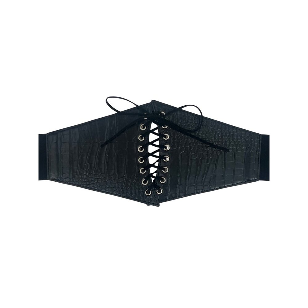 Black Faux Leather Corset Lace-Up Front Snap Closure Croc-Embossed Wide Belt - Picture 14 of 14